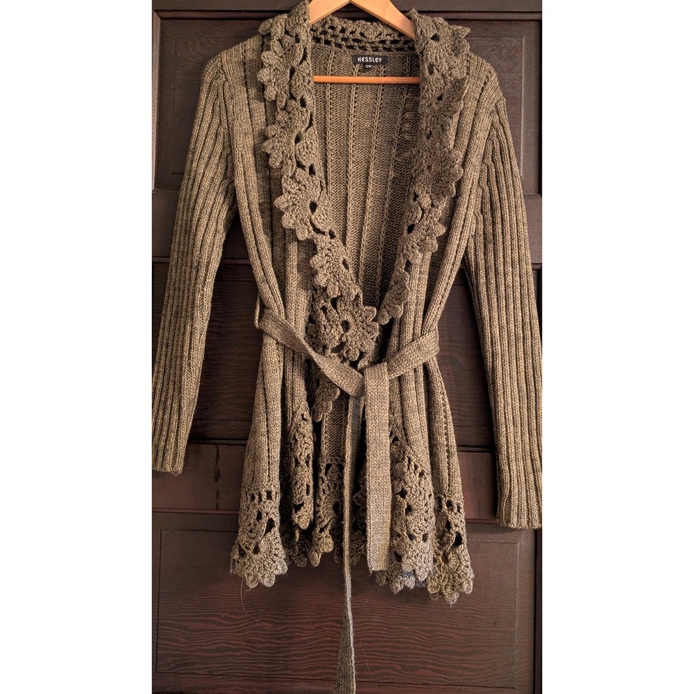 KESSLEY Brown Ribbed Knit Crochet Lace Trim Belted Cardigan Sweater S/M boho - Picture 2 of 9